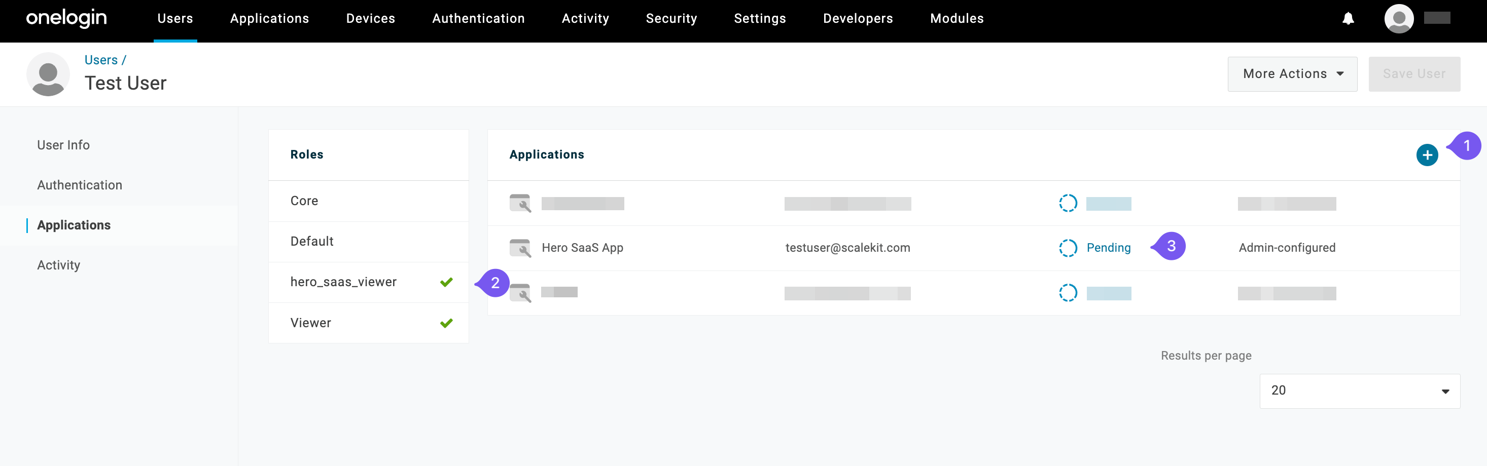 Viewing application assignment and status for 'Test User' in OneLogin, with 'Hero SaaS App' pending.